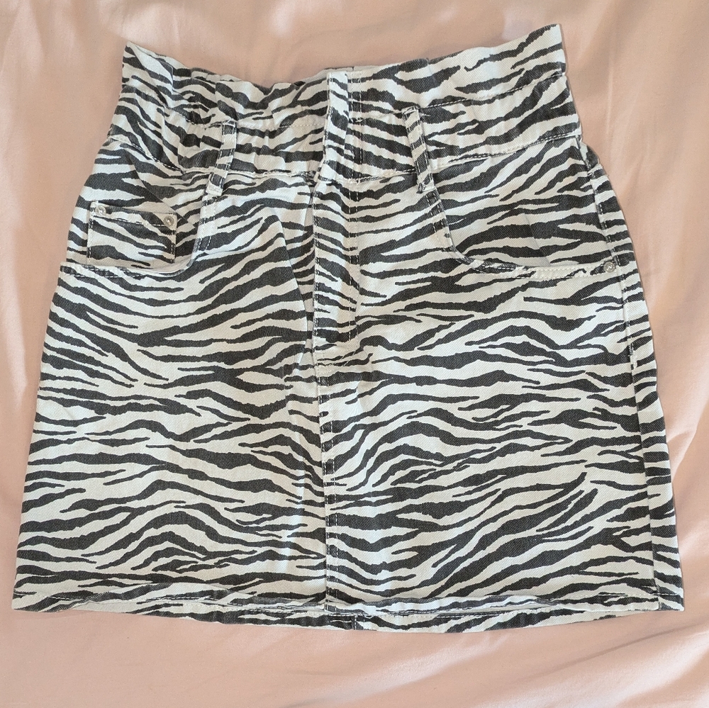 Zara Black and White Zebra Animal Print Denim High Waisted Paper Bag Mini Skirt